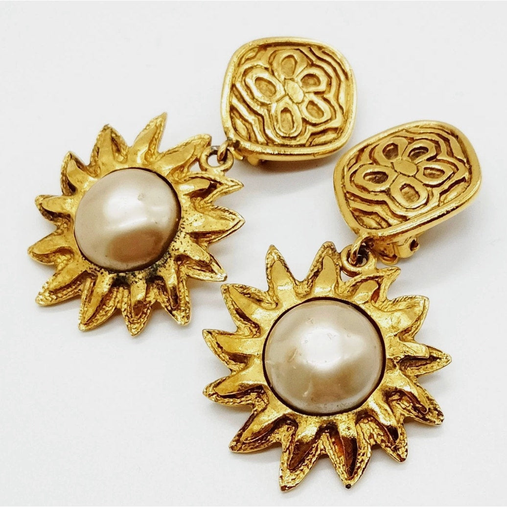 Chanel 1990 Gold Plated Sun drop earrings pearlescent inset & abstract flower