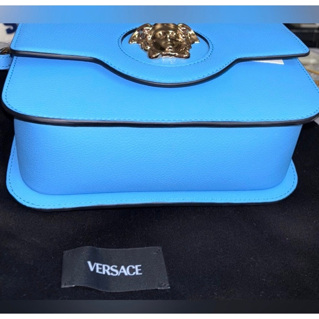 NWT Versace La Medusa Blue Leather Shoulder Crossbody Bag Purse MSRP $1100