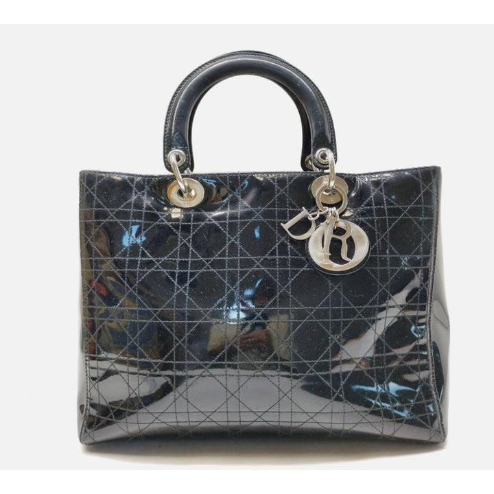 Christian Dior Black Patent Cannage Calfskin Large Lady Dior Bag EUC