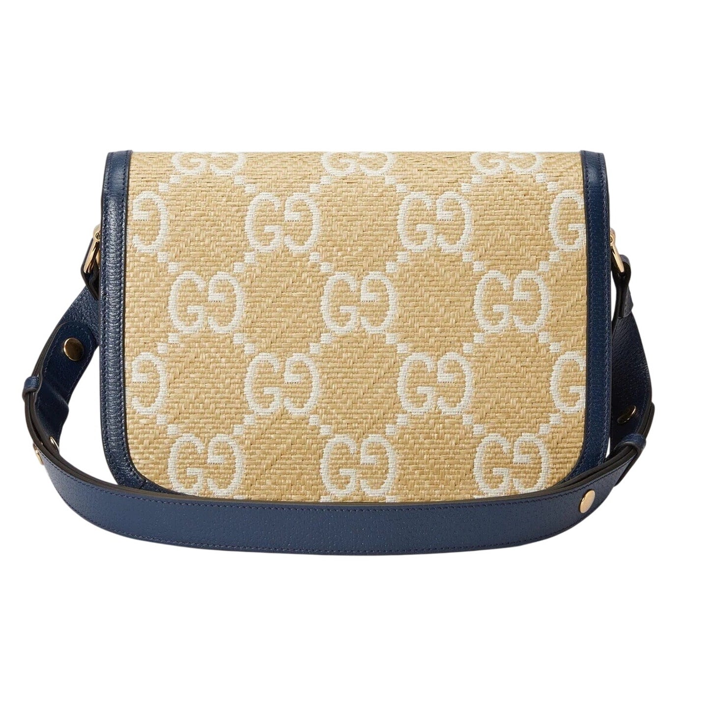 Gucci Raffia Textured Calfskin GG Monogram Horsebit 1955 Mystic Blue Agata NWT