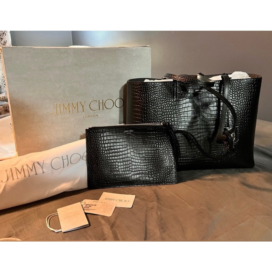 Jimmy Choo Nine2Five East-West Tote,sleek black crocodile-embossed leather NWT