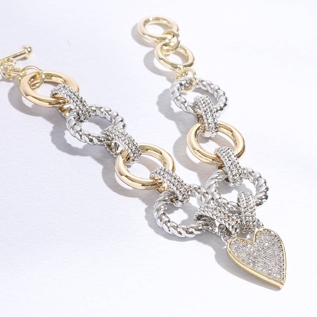 Pave Heart Charm Link Chain Bracelet