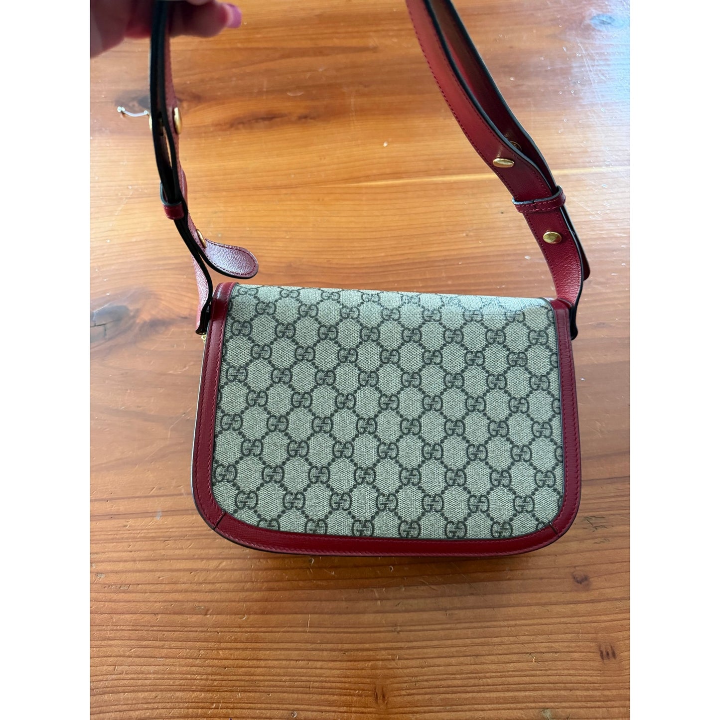 Gucci Beige/Red GG Coated Canvas Horsebit 1955 Shoulder Bag Pristine