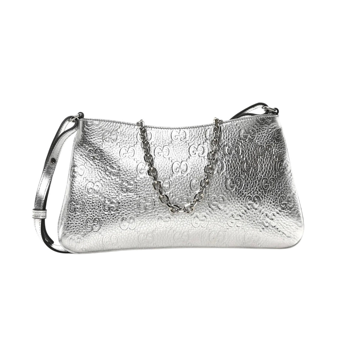GUCCI Metallic GG Grainy Calfskin Emblem Medium Shoulder Bag Silver NWT