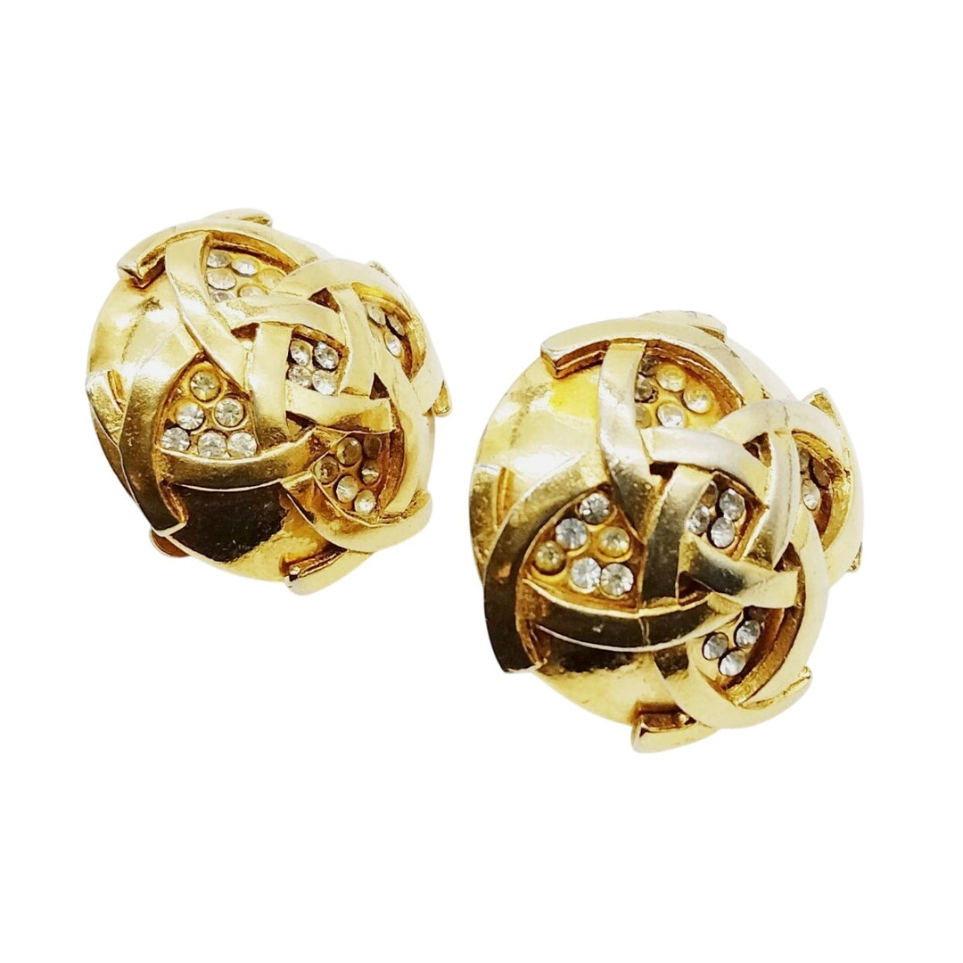 Chanel Vintage Gold Plated Round Rhinestone Clip On Earrings