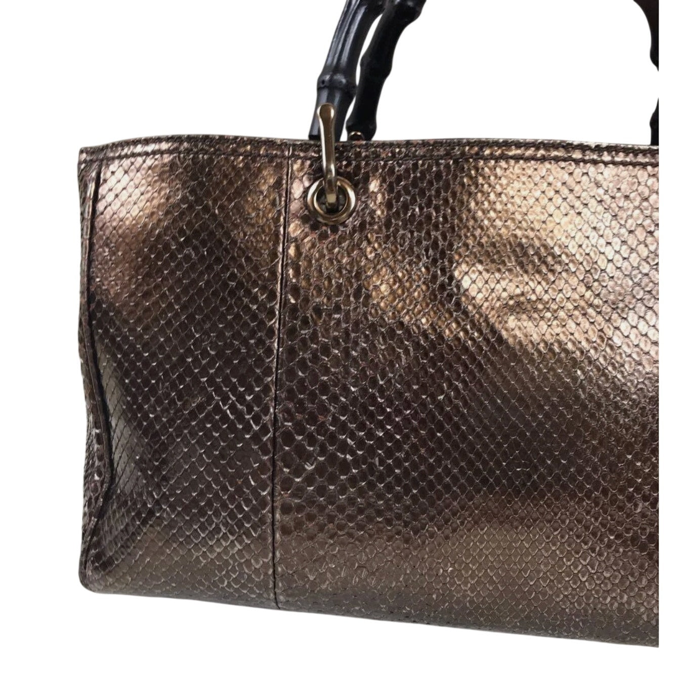 Gucci Bamboo Shopper Tote Bag Bronze-Toned Python Skin Black Bamboo Handle EUC
