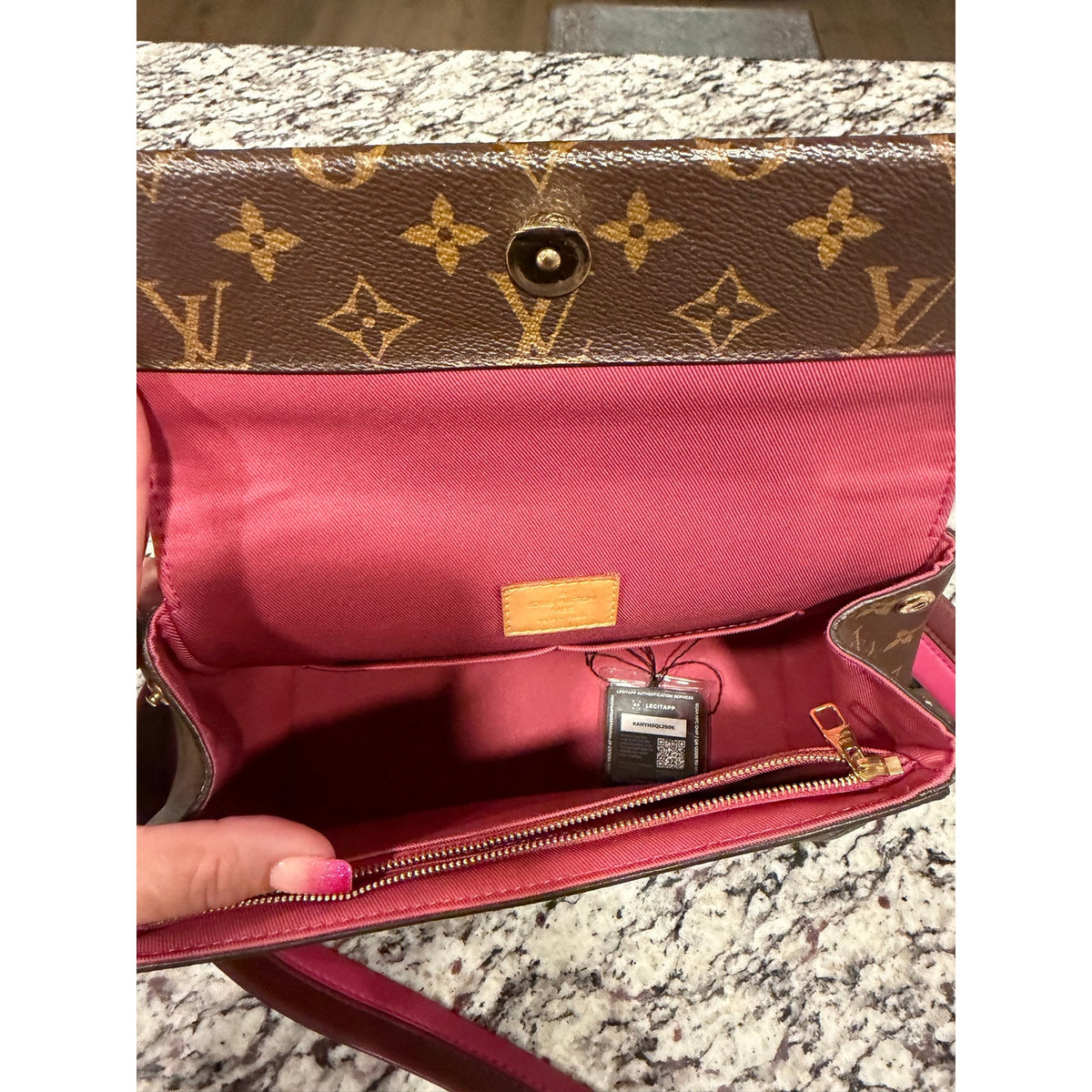 Louis Vuitton Monogram Cluny BB bag featuring a striking bright pink and bordeaux leather shoulder strap PRISTINE