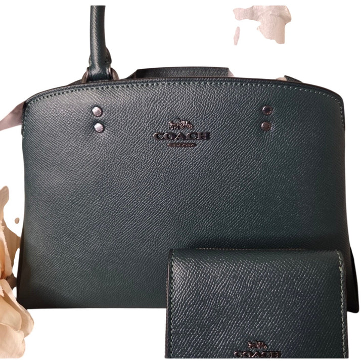krybur4 Coach Lillie Carryall Forest Crossgrain Leather Satchel Shoulder Bag + Wallet NWT