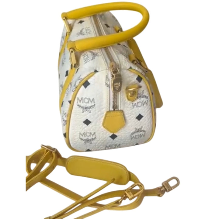 MCM Visetos Boston Satchel White & Yellow