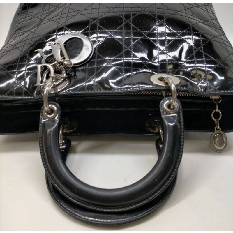 Christian Dior Black Patent Cannage Calfskin Large Lady Dior Bag EUC