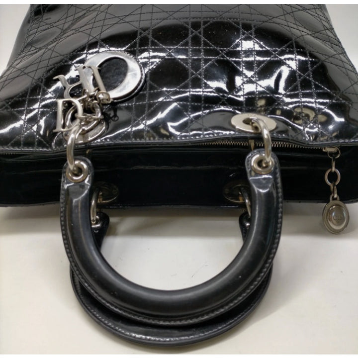 Christian Dior Black Patent Cannage Calfskin Large Lady Dior Bag EUC