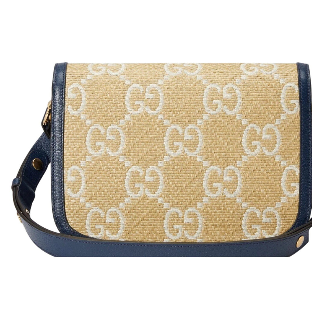 Gucci Raffia Textured Calfskin GG Monogram Horsebit 1955 Mystic Blue Agata NWT