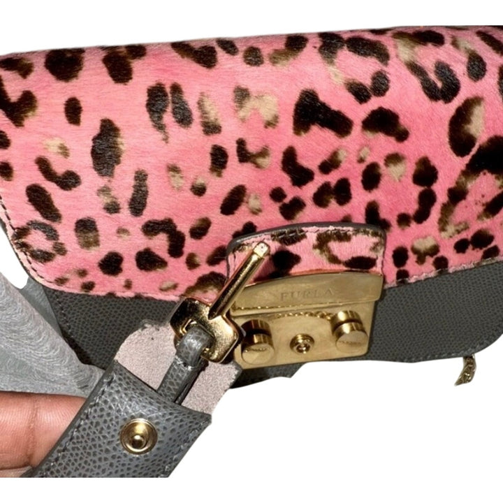 Furla Metropolis Leather & Pink Leopard CalfHair Crossbody W Lock & Key