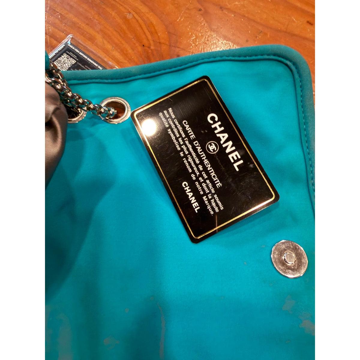 CHANEL BLUE TURQUOISE FABRIC SHOULDER FLAP BAG