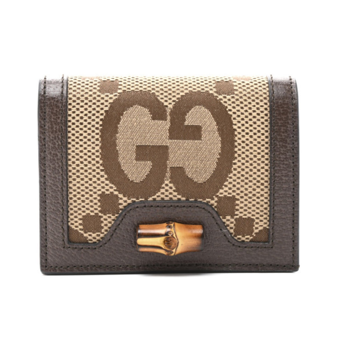GUCCI Monogram Jumbo GG Textured Dollar Calfskin Diana Wallet Camel Ebony NWT