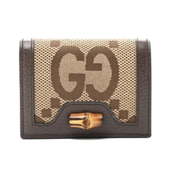 GUCCI Monogram Jumbo GG Textured Dollar Calfskin Diana Wallet Camel Ebony NWT