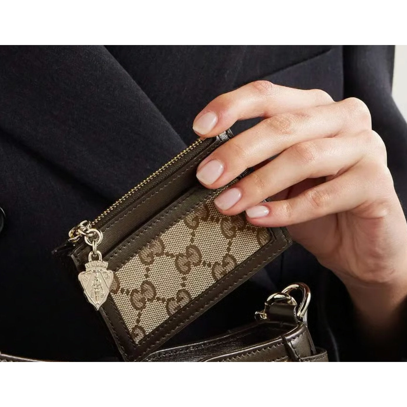 Gucci Luce Embellished Textured-Leather Canvas-Jacquard Cardholder - Beige NWB