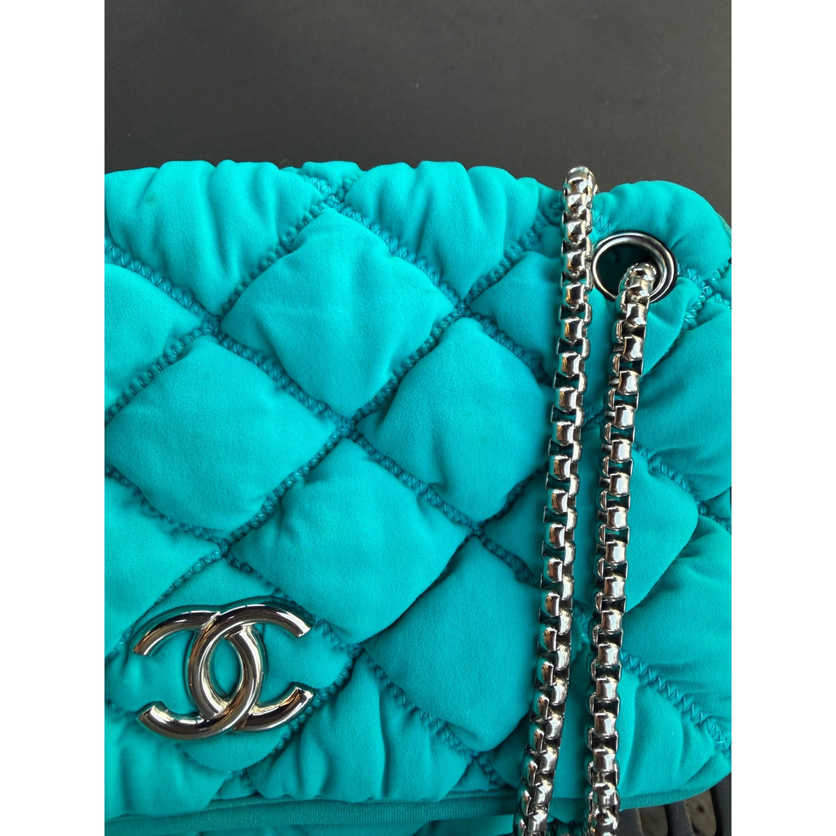 CHANEL BLUE TURQUOISE FABRIC SHOULDER FLAP BAG