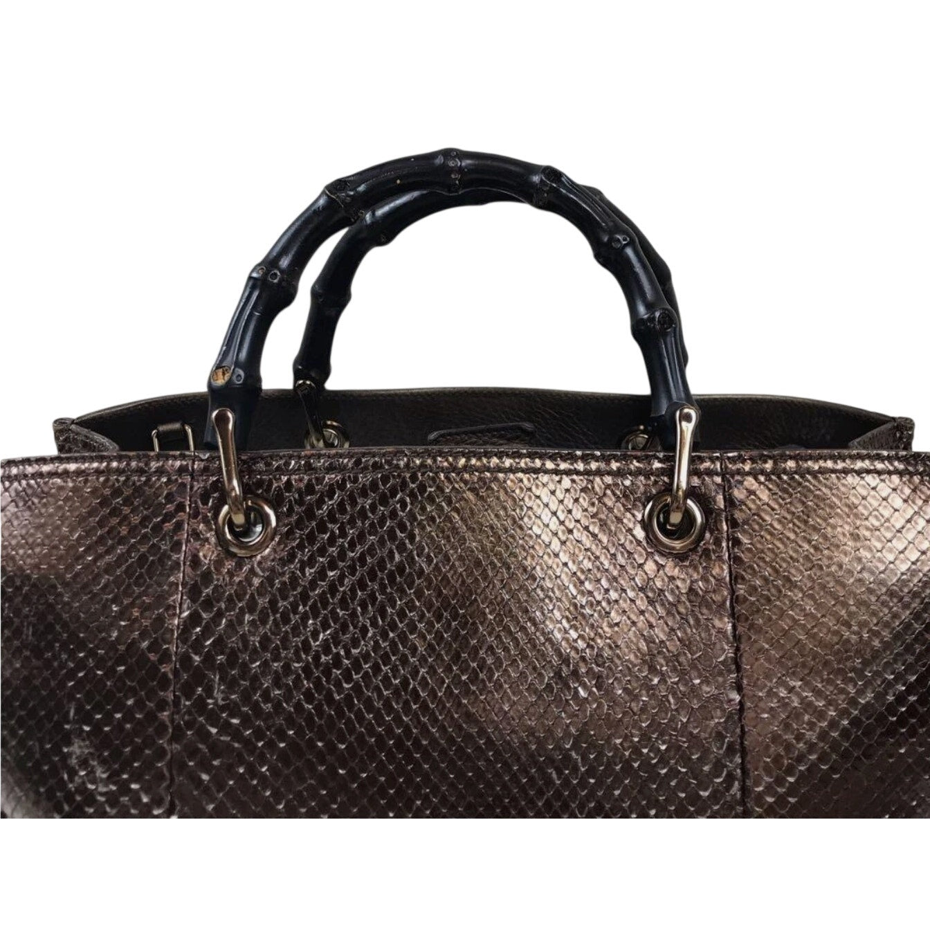 Gucci Bamboo Shopper Tote Bag Bronze-Toned Python Skin Black Bamboo Handle EUC