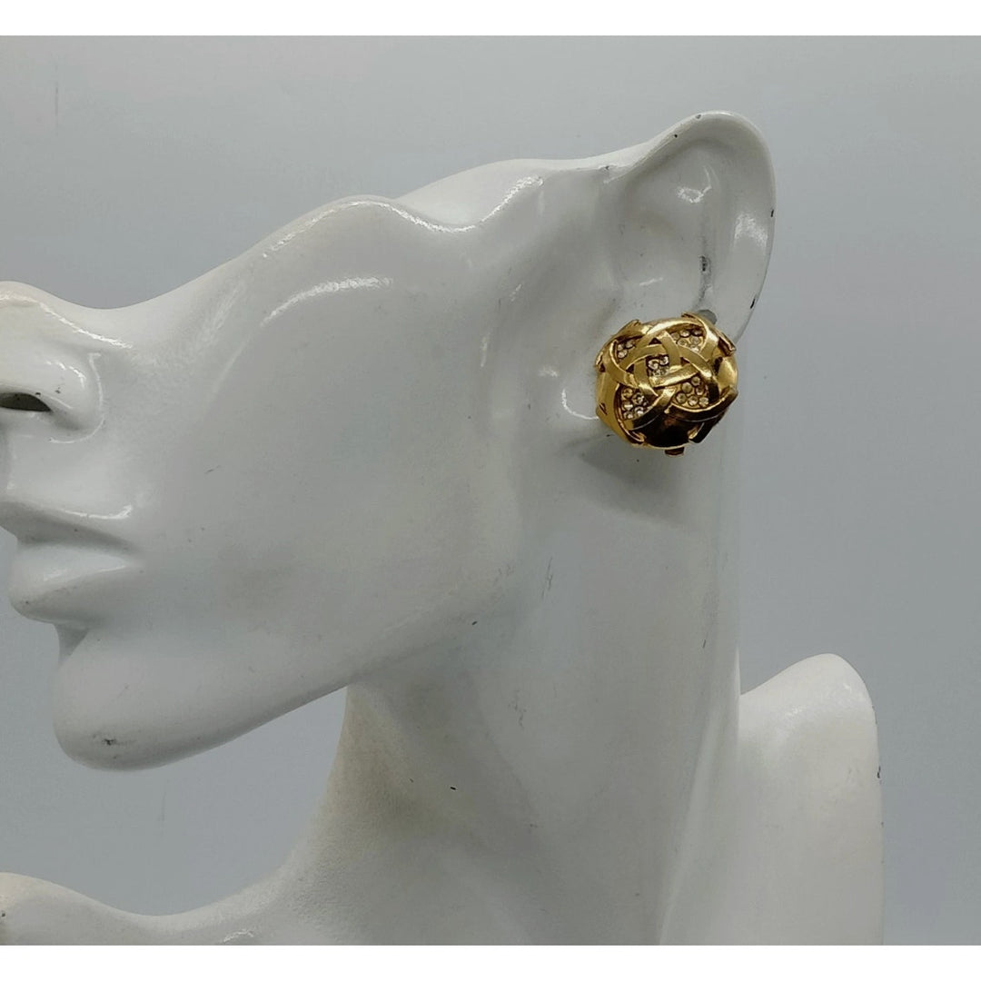 Chanel Vintage Gold Plated Round Rhinestone Clip On Earrings