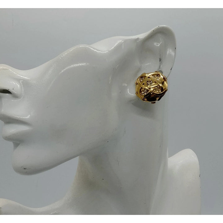 Chanel Vintage Gold Plated Round Rhinestone Clip On Earrings