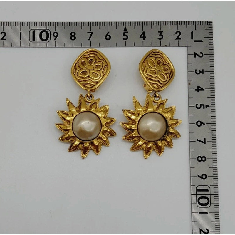 Chanel 1990 Gold Plated Sun drop earrings pearlescent inset & abstract flower