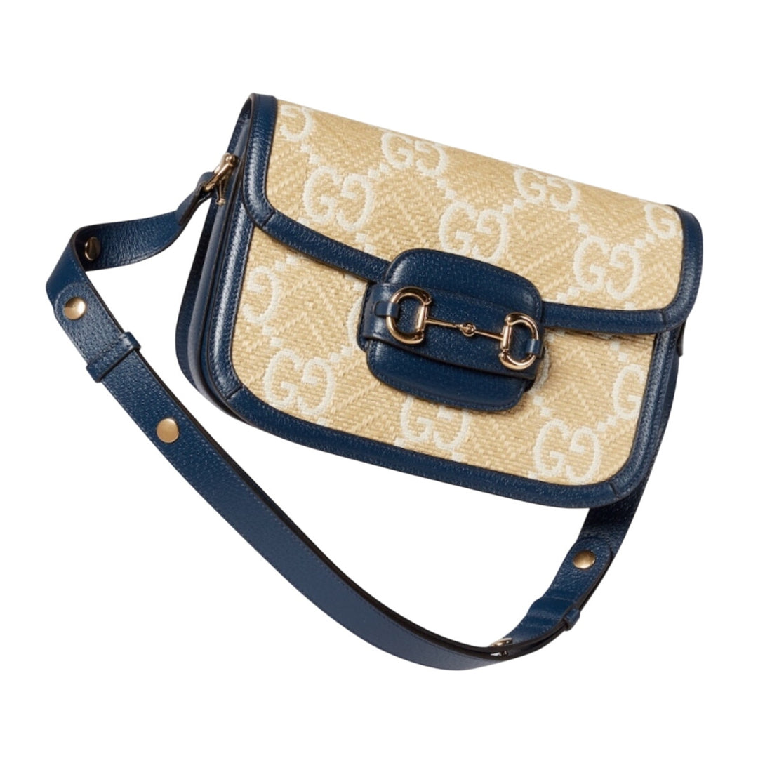 Gucci Raffia Textured Calfskin GG Monogram Horsebit 1955 Mystic Blue Agata NWT