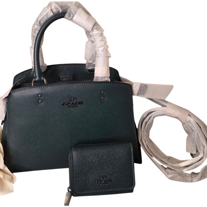 krybur4 Coach Lillie Carryall Forest Crossgrain Leather Satchel Shoulder Bag + Wallet NWT