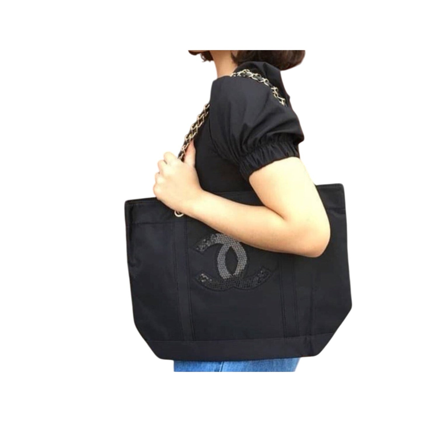 Chanel Beauty Black with Metal Chain Canvas with Double CC with vegan leather Precision