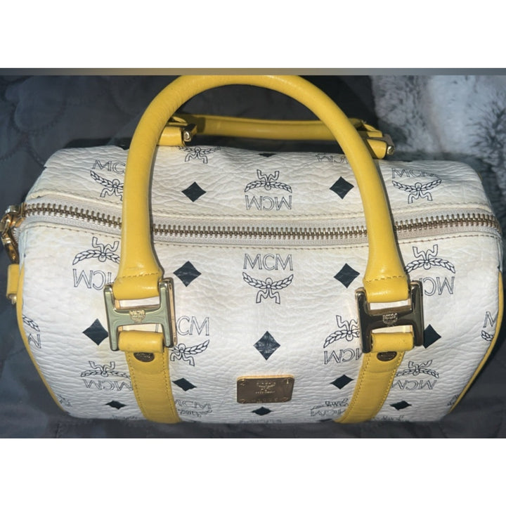 MCM Visetos Boston Satchel White & Yellow