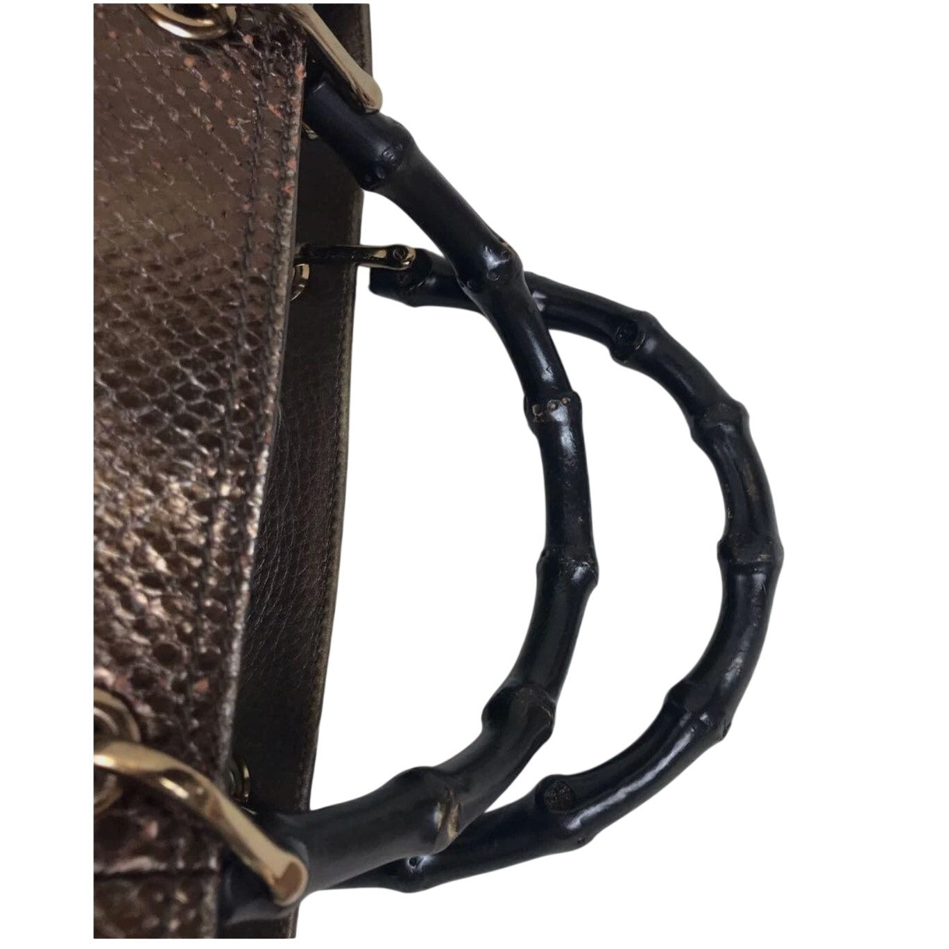 Gucci Bamboo Shopper Tote Bag Bronze-Toned Python Skin Black Bamboo Handle EUC