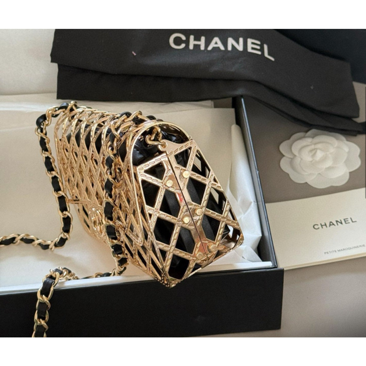 Chanel Beauty Gold Cage Crossbody with Insert 7 x 4 x 2