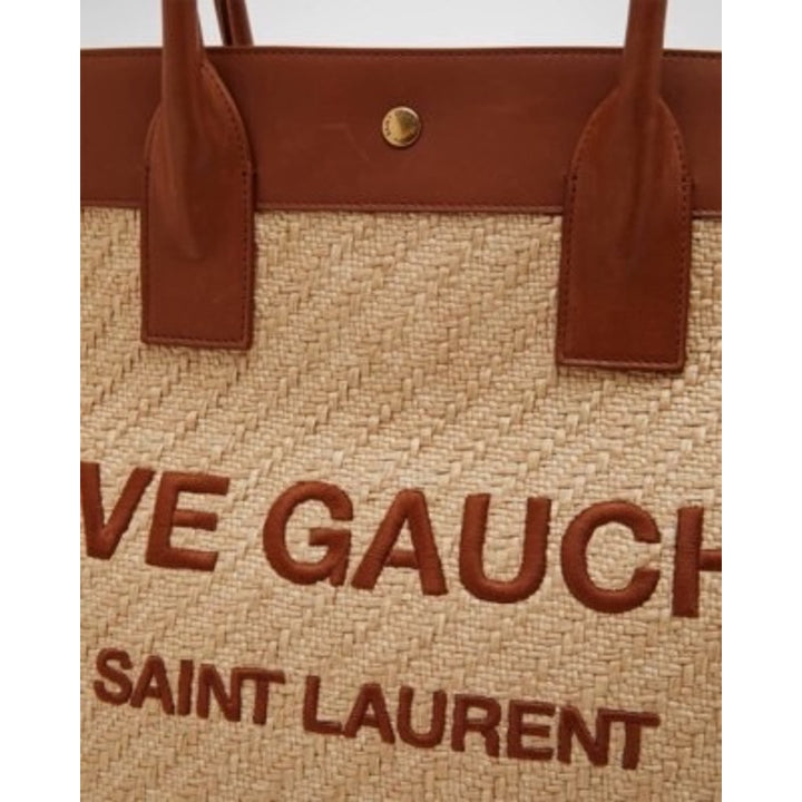 SAINT LAURENT ‘Rive Gauche’ Embroidered Raffia & Leather Tote Bag Natural NWT