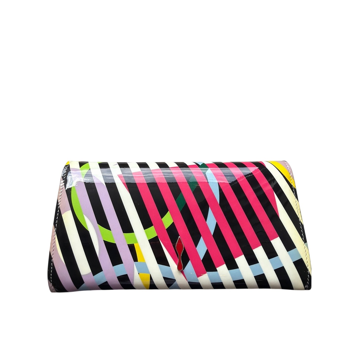 Christian Louboutin So Kate clutch features a vibrant multicolored geometric print on patent leather