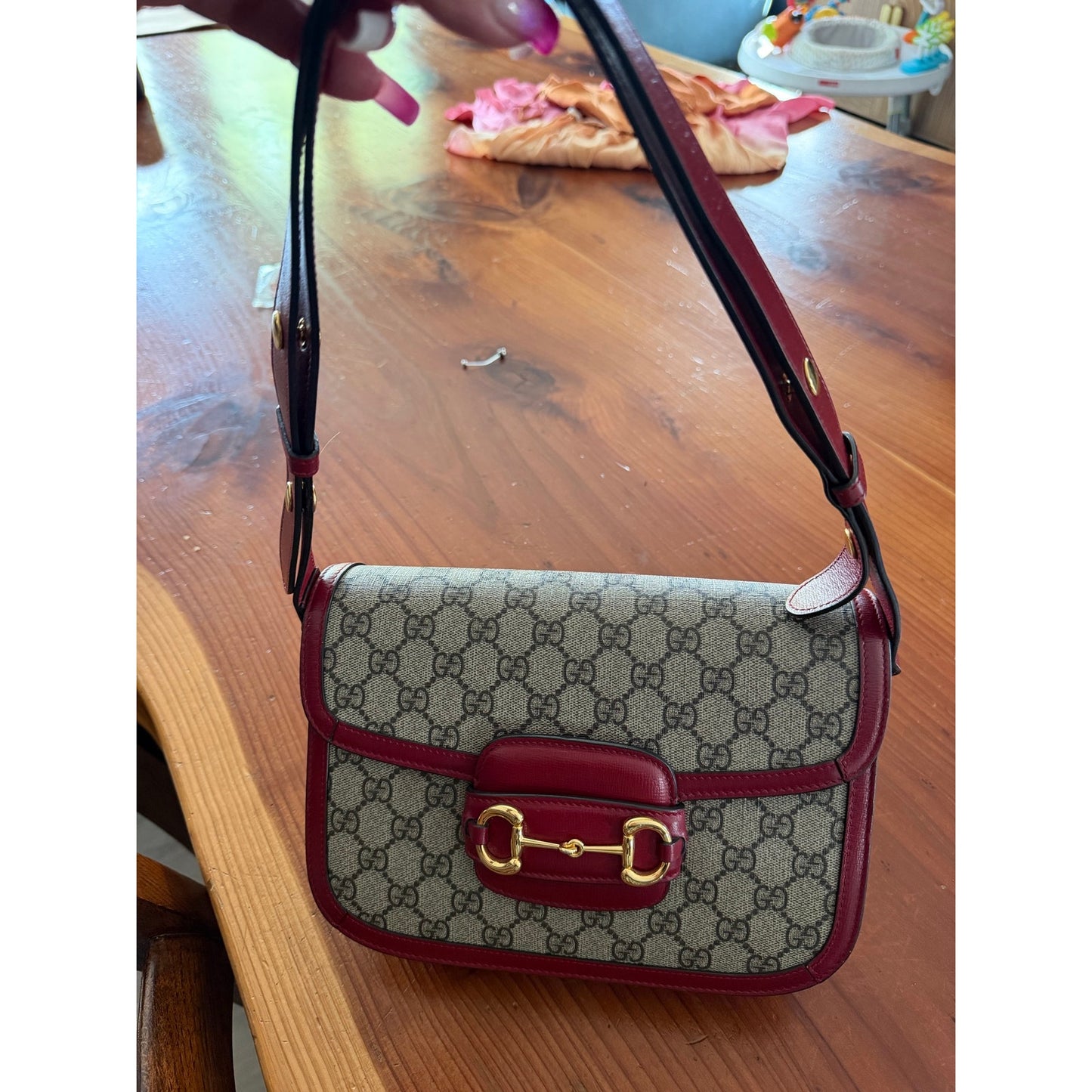 Gucci Beige/Red GG Coated Canvas Horsebit 1955 Shoulder Bag Pristine