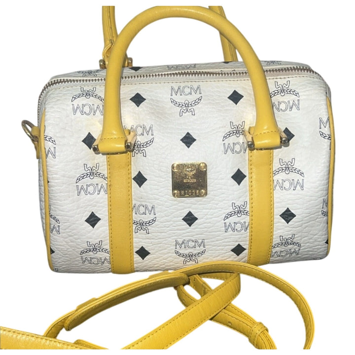 MCM Visetos Boston Satchel White & Yellow