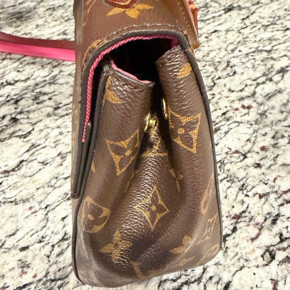 Louis Vuitton Monogram Cluny BB bag featuring a striking bright pink and bordeaux leather shoulder strap PRISTINE