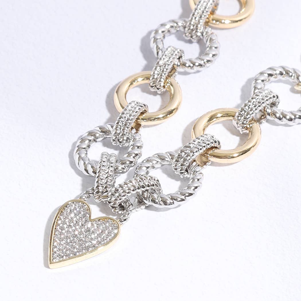 Pave Heart Charm Link Chain Bracelet