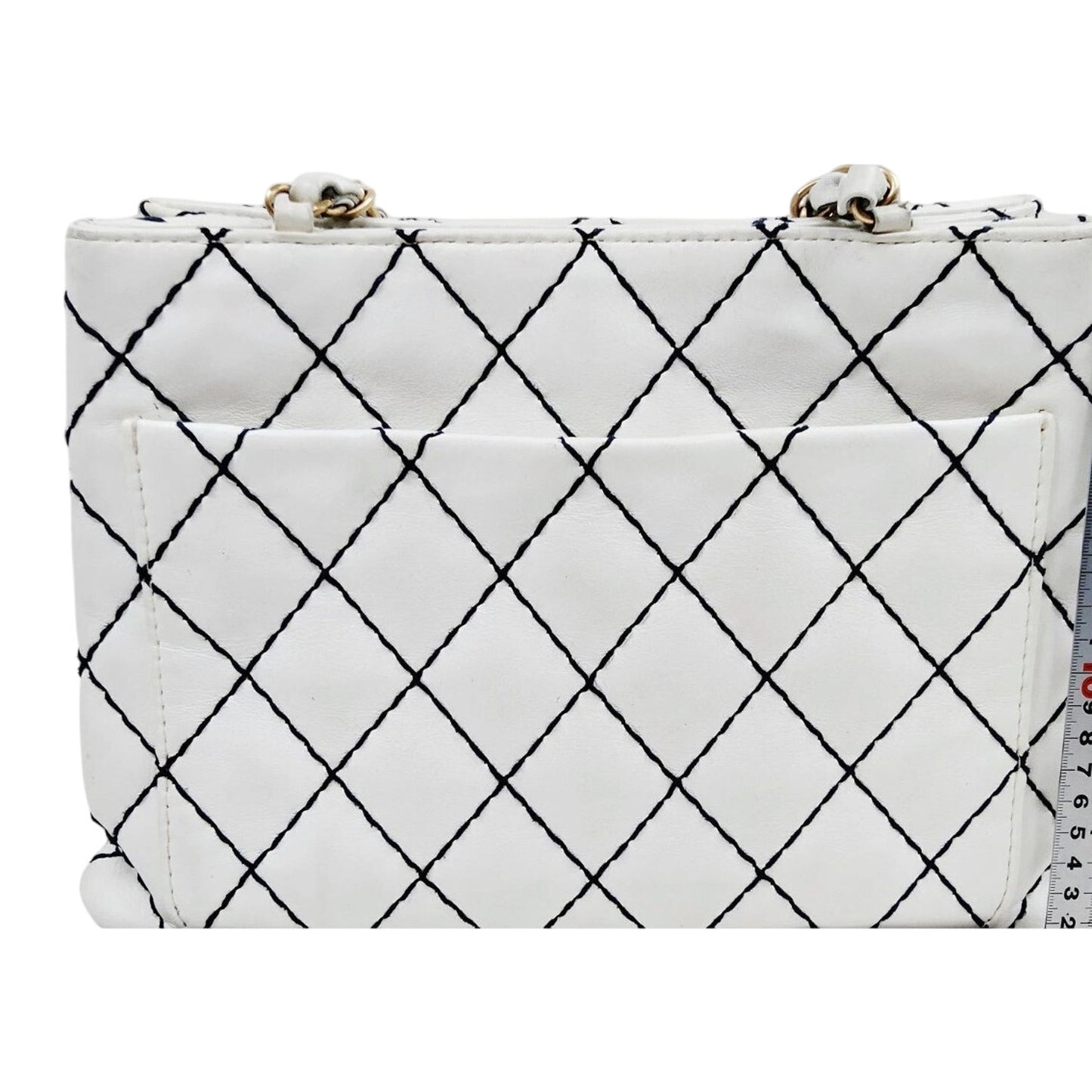Chanel 1861 White & Navy Blue Diamond Stitch Shoulder Tote EUC