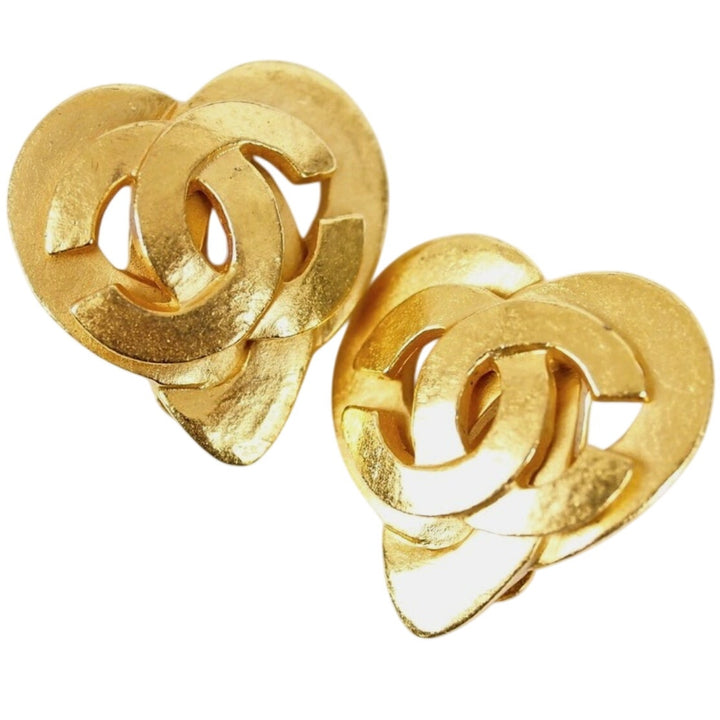 CHANEL CC Logo Heart Motif Earrings Vintage 1997 24K Gold Plated EUC