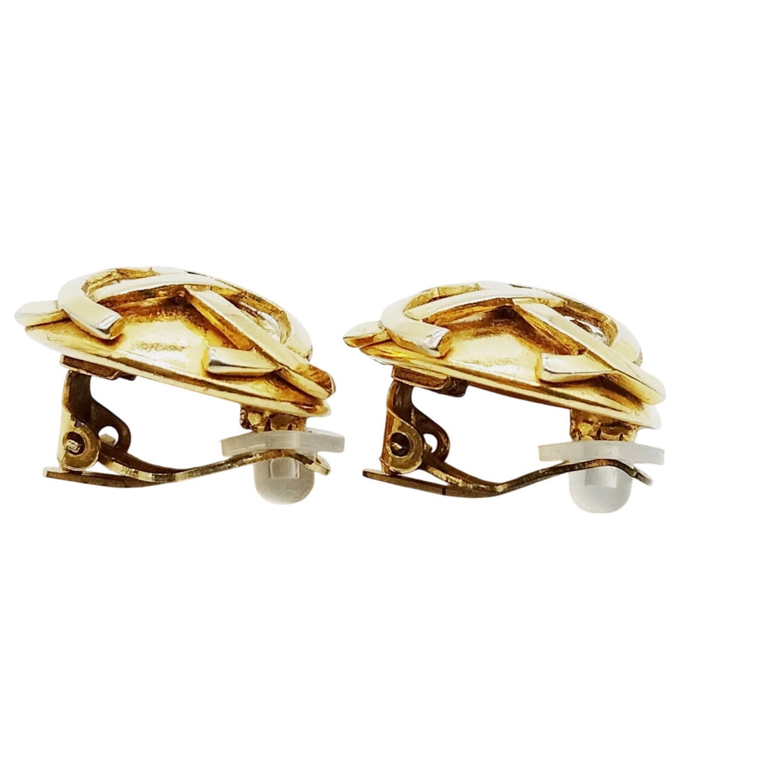 Chanel Vintage Gold Plated Round Rhinestone Clip On Earrings