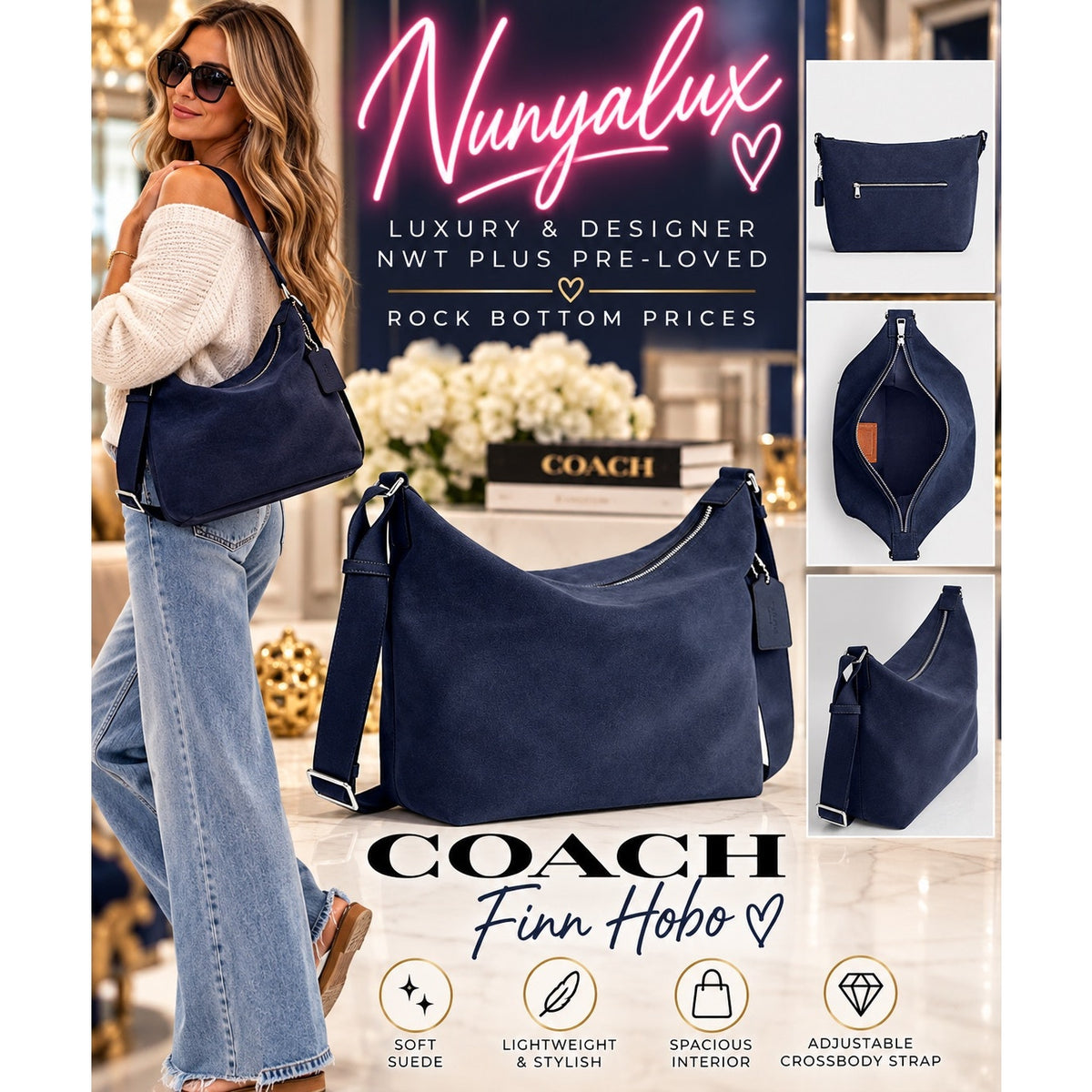 Coach Finn Hobo 32 Navy Suede NWT