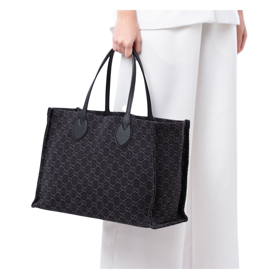 Gucci Denim Ophidia GG Monogram Large Tote Black Grey NWT