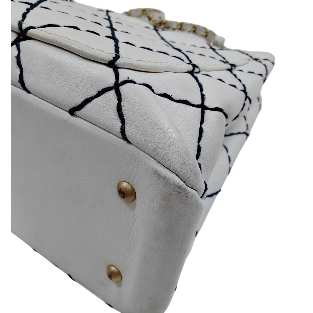 1861 Chanel White & Navy Blue Diamond Stitch Shoulder Tote EUC