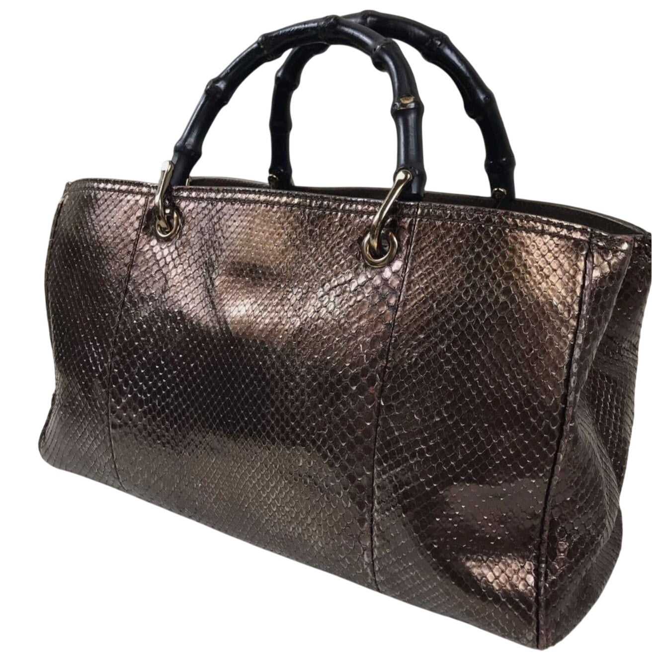 Gucci Bamboo Shopper Tote Bag Bronze-Toned Python Skin Black Bamboo Handle EUC