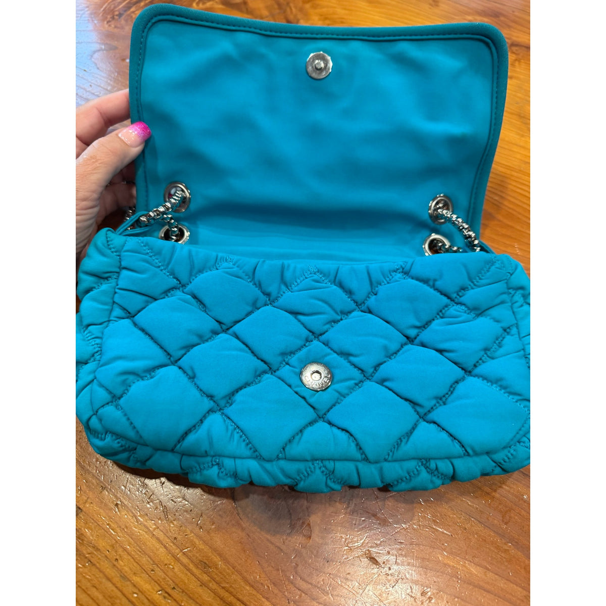 CHANEL BLUE TURQUOISE FABRIC SHOULDER FLAP BAG
