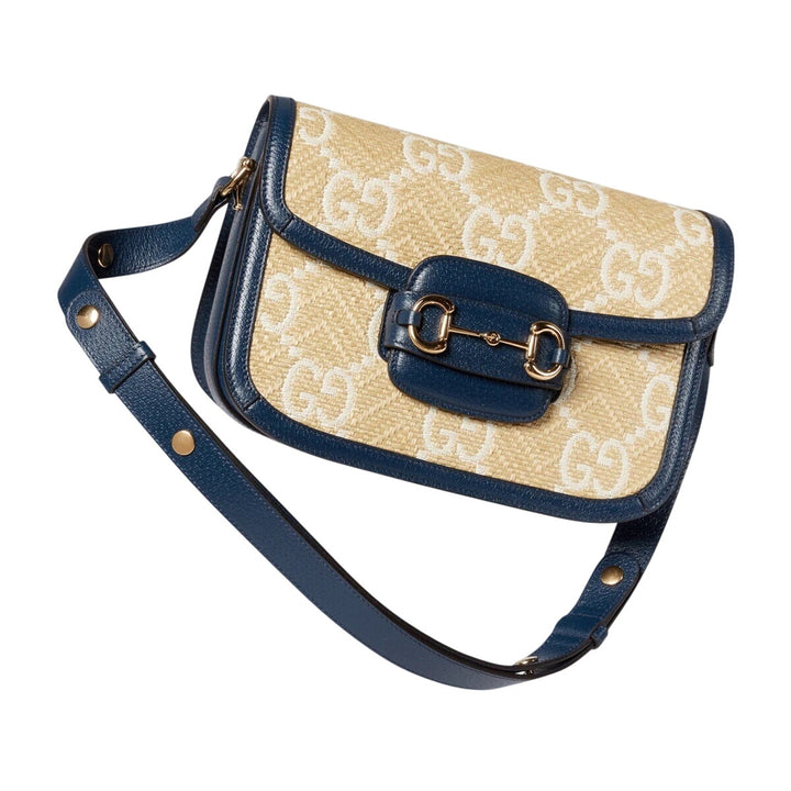 Gucci Raffia Textured Calfskin GG Monogram Horsebit 1955 Mystic Blue Agata NWT