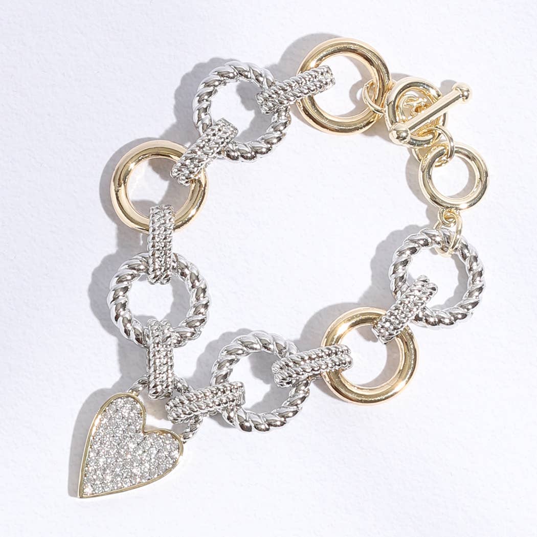 Pave Heart Charm Link Chain Bracelet