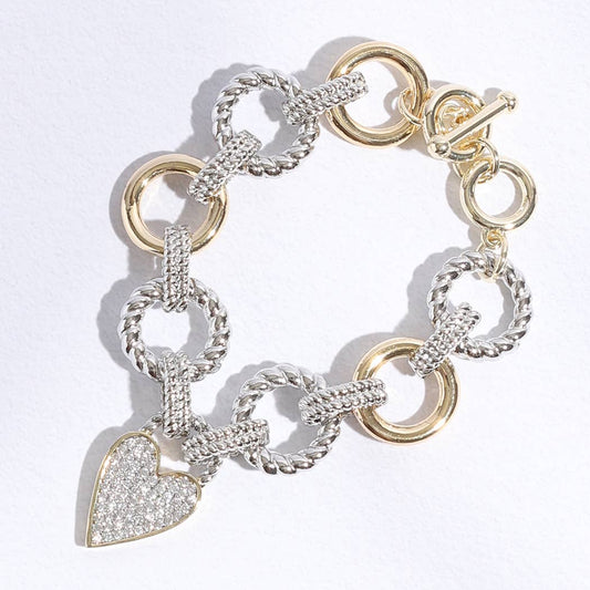 Pave Heart Charm Link Chain Bracelet