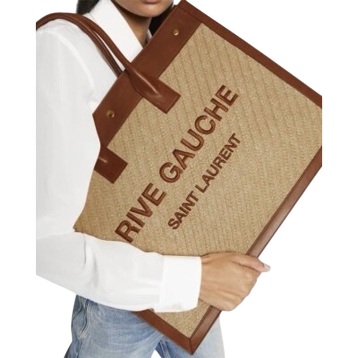 SAINT LAURENT ‘Rive Gauche’ Embroidered Raffia & Leather Tote Bag Natural NWT